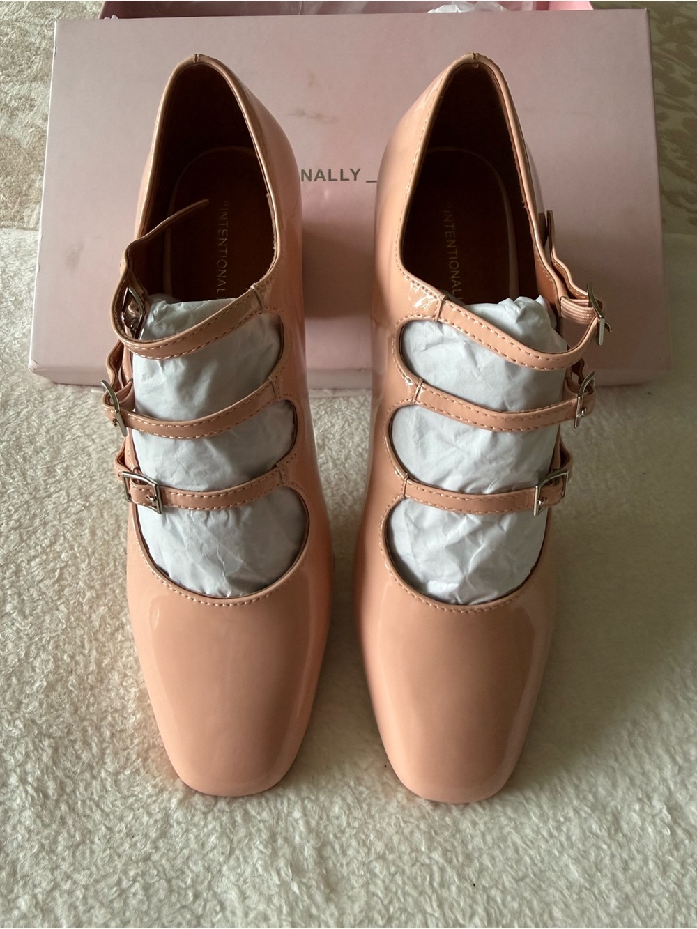 INTENTIONALLY BLANK Peach Patent Triple Strap Mary Jane Heels - NIB